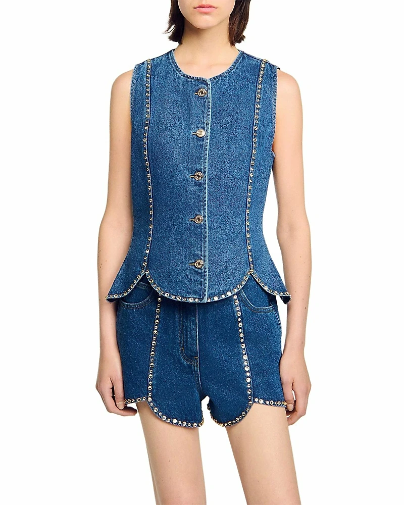 Sandro Rhinestone Denim Top