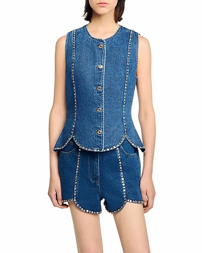 Sandro Rhinestone Denim Top