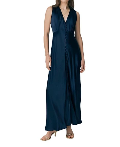 River V Neck Button Satin Maxi Dress