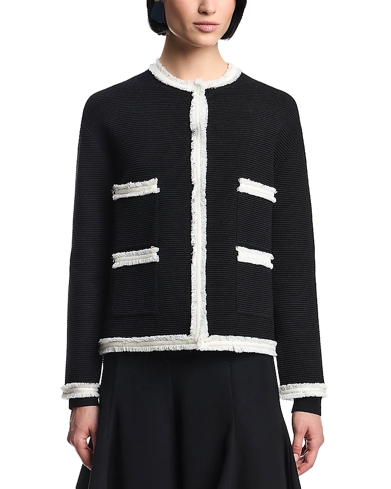 Emporio Armani Ottoman Stitch Knit Jacket with Fringe Hems