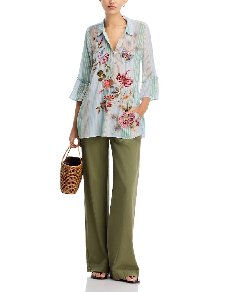 Silk Floral Ruffle Cuff Blouse