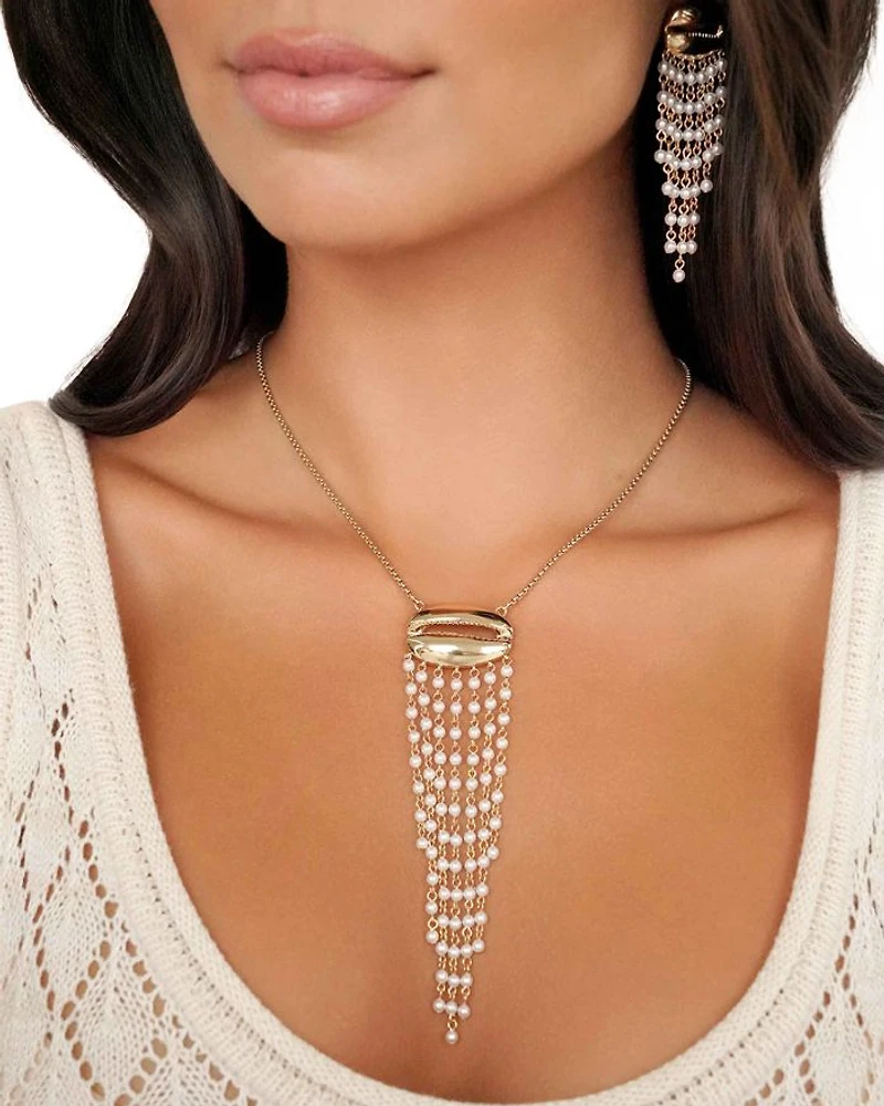 Mykonos Shell Imitation Pearl Fringe Pendant Necklace, 28"