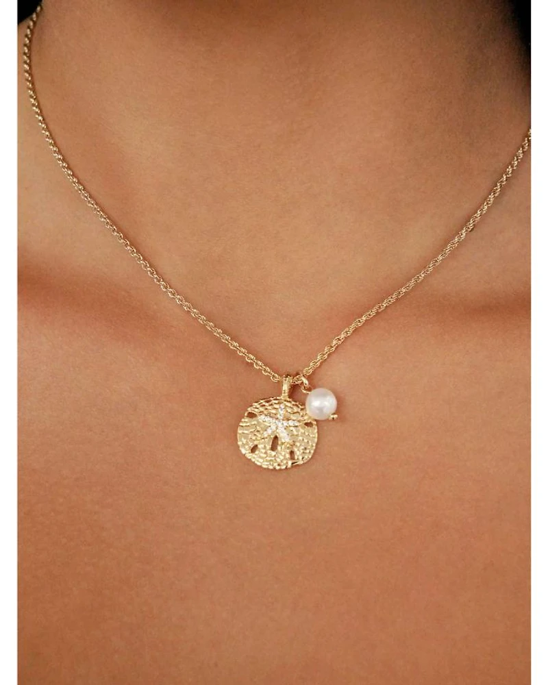 Pavé Sand Dollar & Cultured Freshwater Pearl Pendant Necklace, 15"-18"
