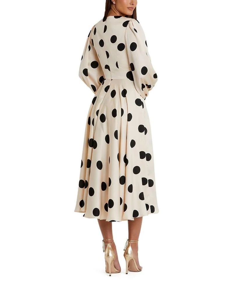 Polka Dot Charmeuse Long Sleeve V Neck Midi Dress