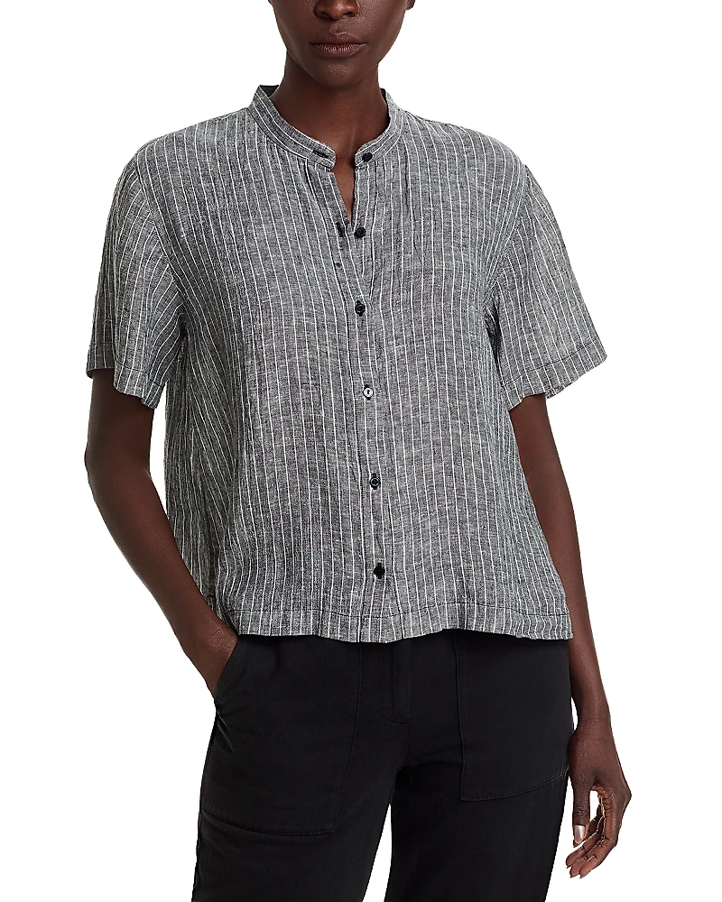 Eileen Fisher Linen Mandarin Collar Short Sleeve Shirt