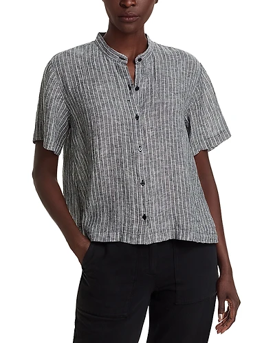 Eileen Fisher Linen Mandarin Collar Short Sleeve Shirt