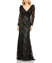 Mac Duggal Embroidered Lace Wrap Over Puff Sleeves Gown