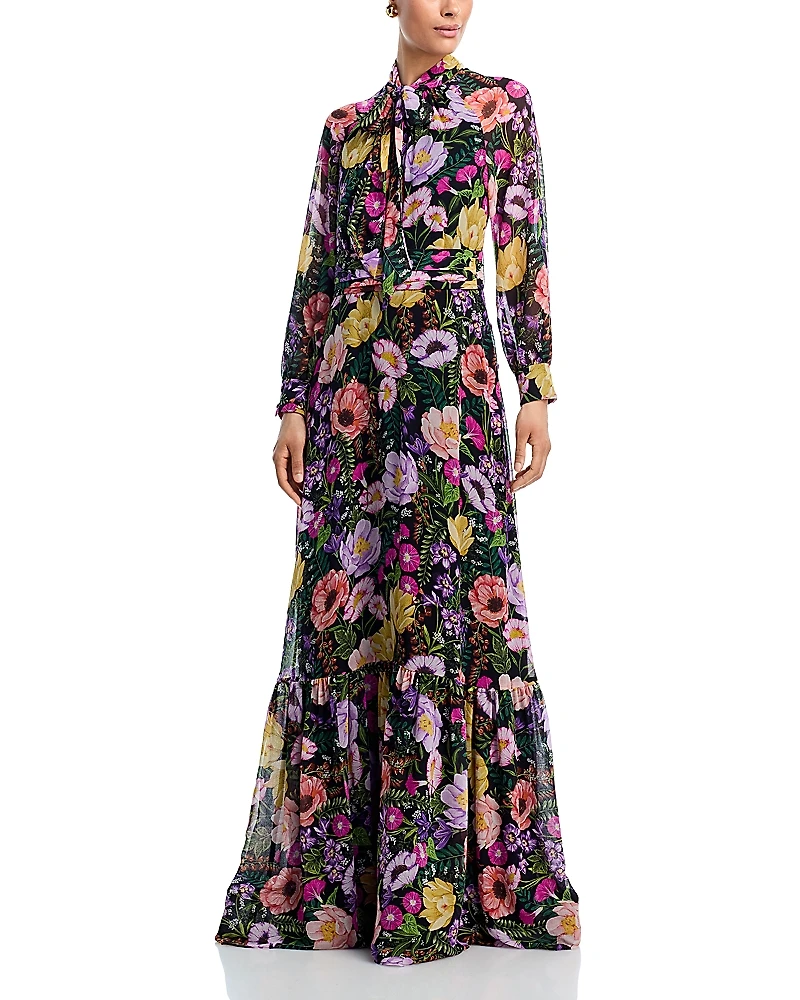 Teri Jon by Rickie Freeman Floral Print Tie Neck Chiffon Gown