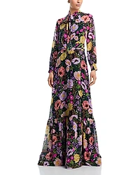 Teri Jon by Rickie Freeman Floral Print Tie Neck Chiffon Gown
