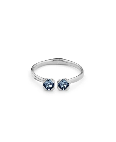 Sterling Silver-Plated Bangle Bracelet with Inner Spring and Two Blue Crystals