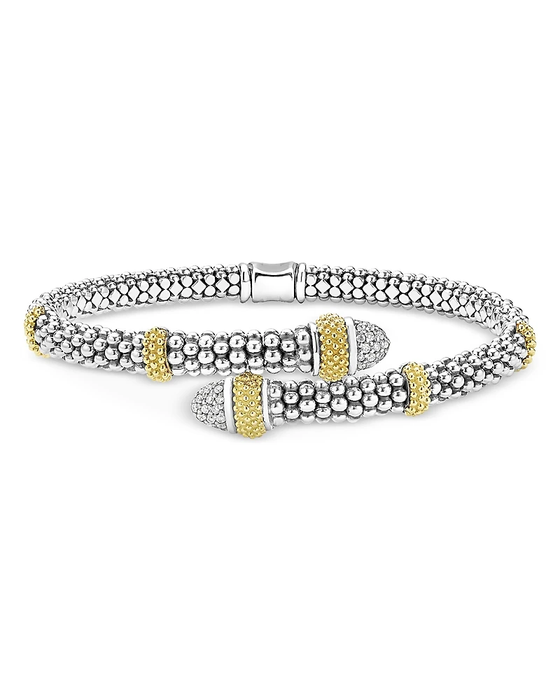 Lagos 18K Yellow Gold & Sterling Silver Caviar Lux Diamond Bypass Bangle Bracelet