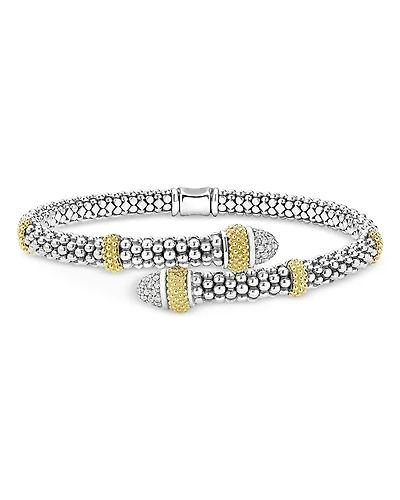 Lagos 18K Yellow Gold & Sterling Silver Caviar Lux Diamond Bypass Bangle Bracelet