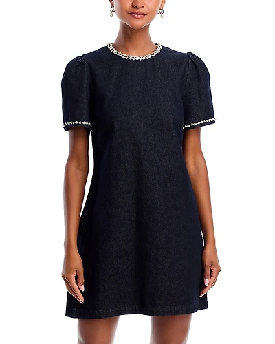Aqua Crystal Denim Short Sleeve Shift Dress - Exclusive