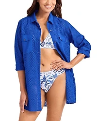 Eyelet Boyfriend Shirt Swim Cover-Up
