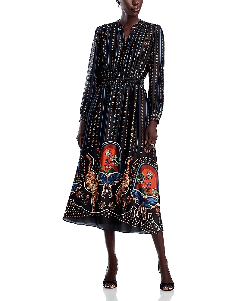 T Tahari Long Sleeve Split V Neck Midi Dress