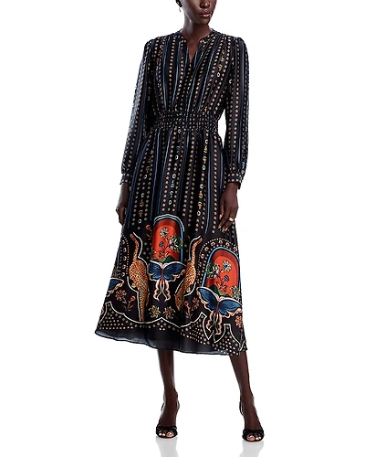 T Tahari Long Sleeve Split V Neck Midi Dress