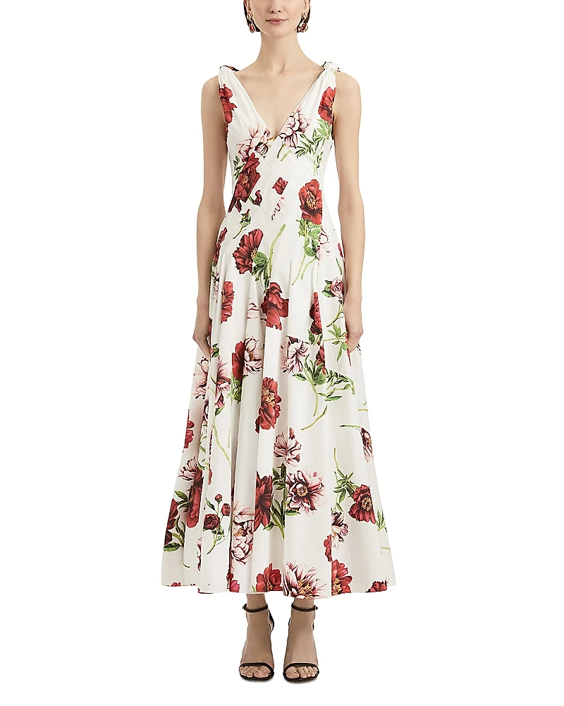 Oscar de la Renta V Neck Peony Print Dress