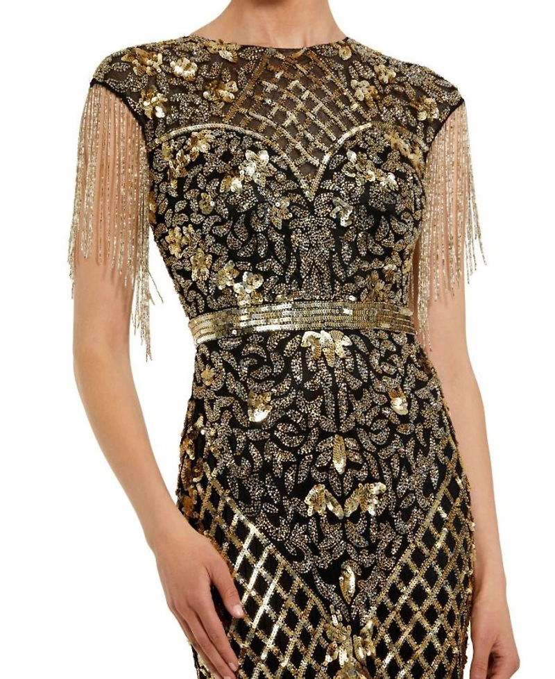 High Neck Sleeveless Beaded Fringe Fitted Gown