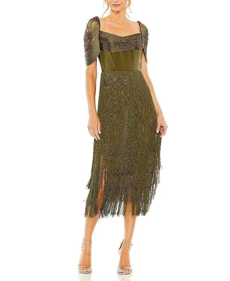 Mac Duggal Short Sleeve Fringe Detailed Midi Dress