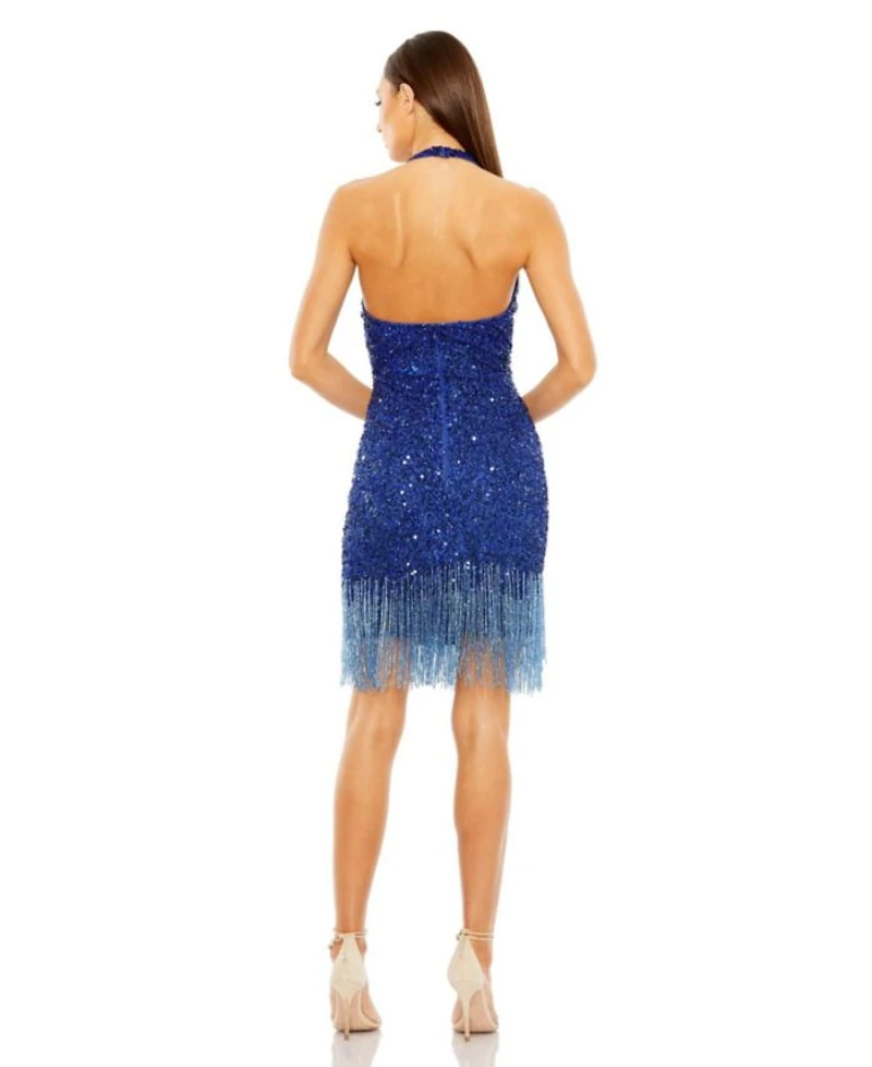 Cross Front Keyhole Top Beaded Fringe Mini Dress