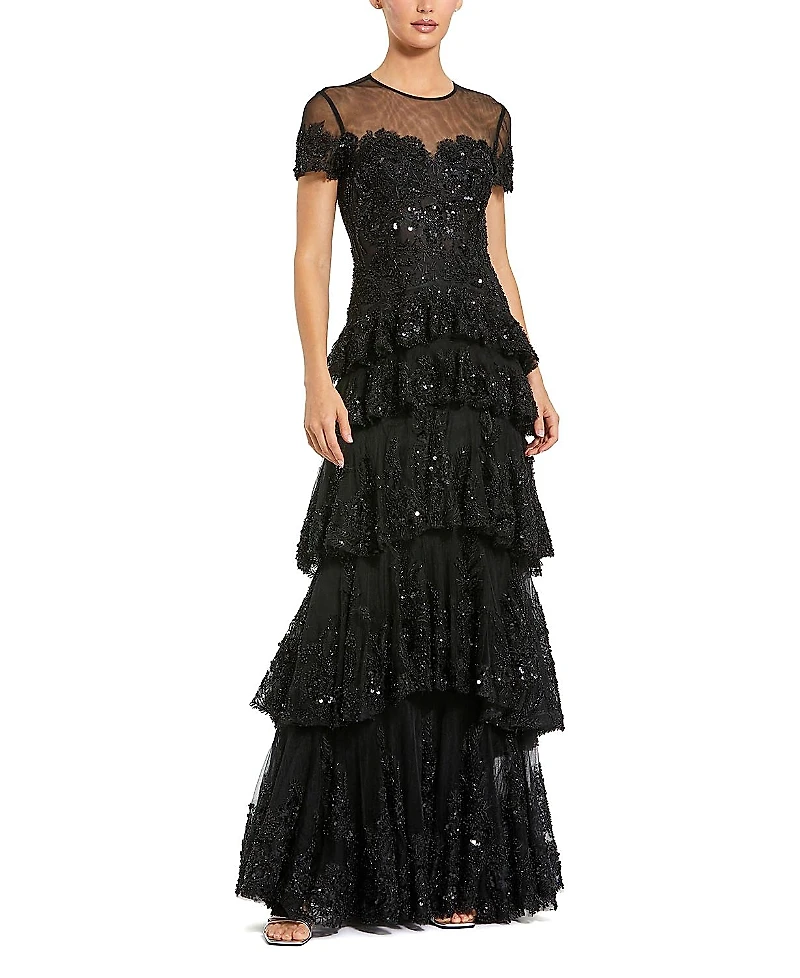 Mac Duggal Short Sleeve Tiered Mesh Gown With Embellishments