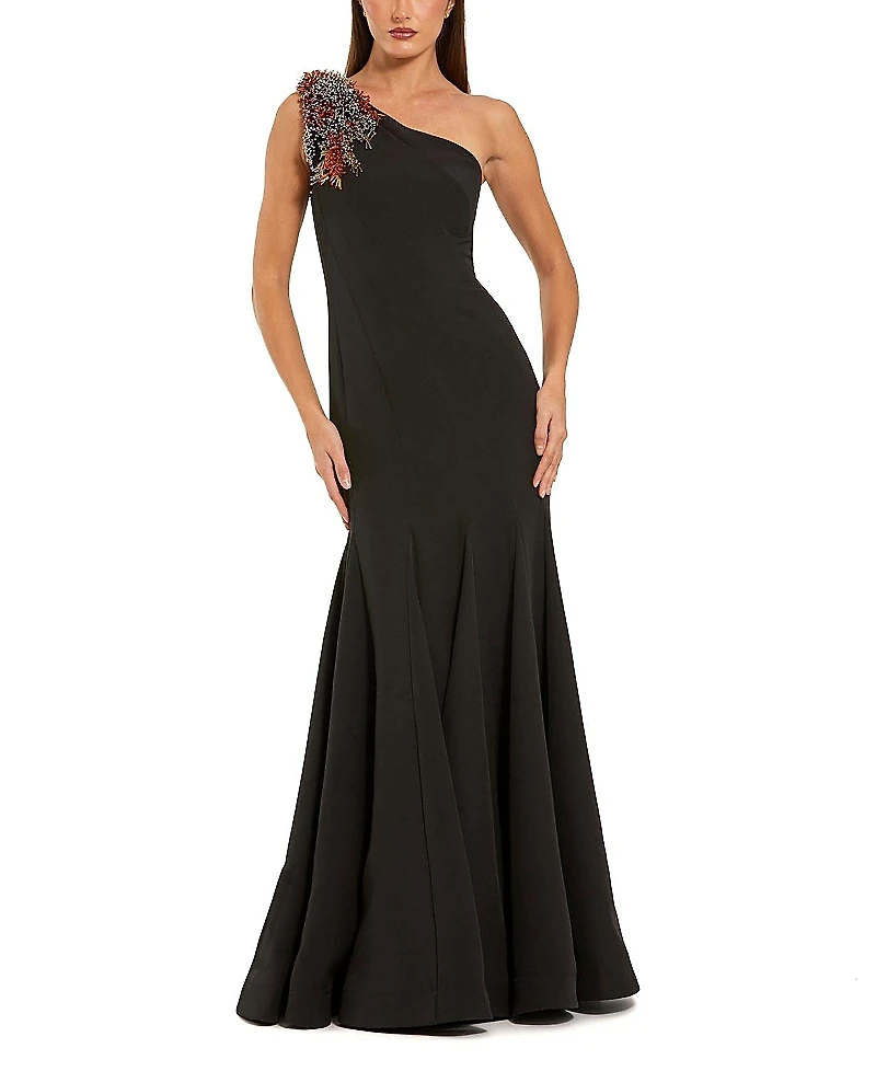 Mac Duggal Crepe One Shoulder Mermaid Gown With Beading