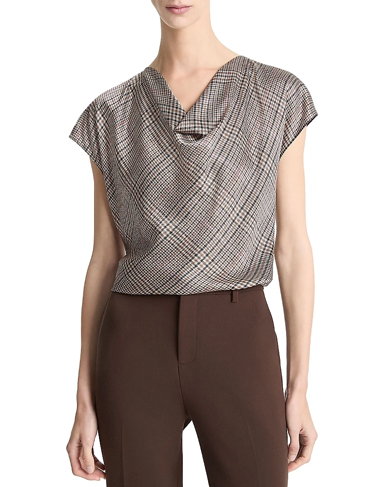 Vince Pressed Plaid Cowlneck Silk Top
