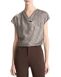 Vince Pressed Plaid Cowlneck Silk Top