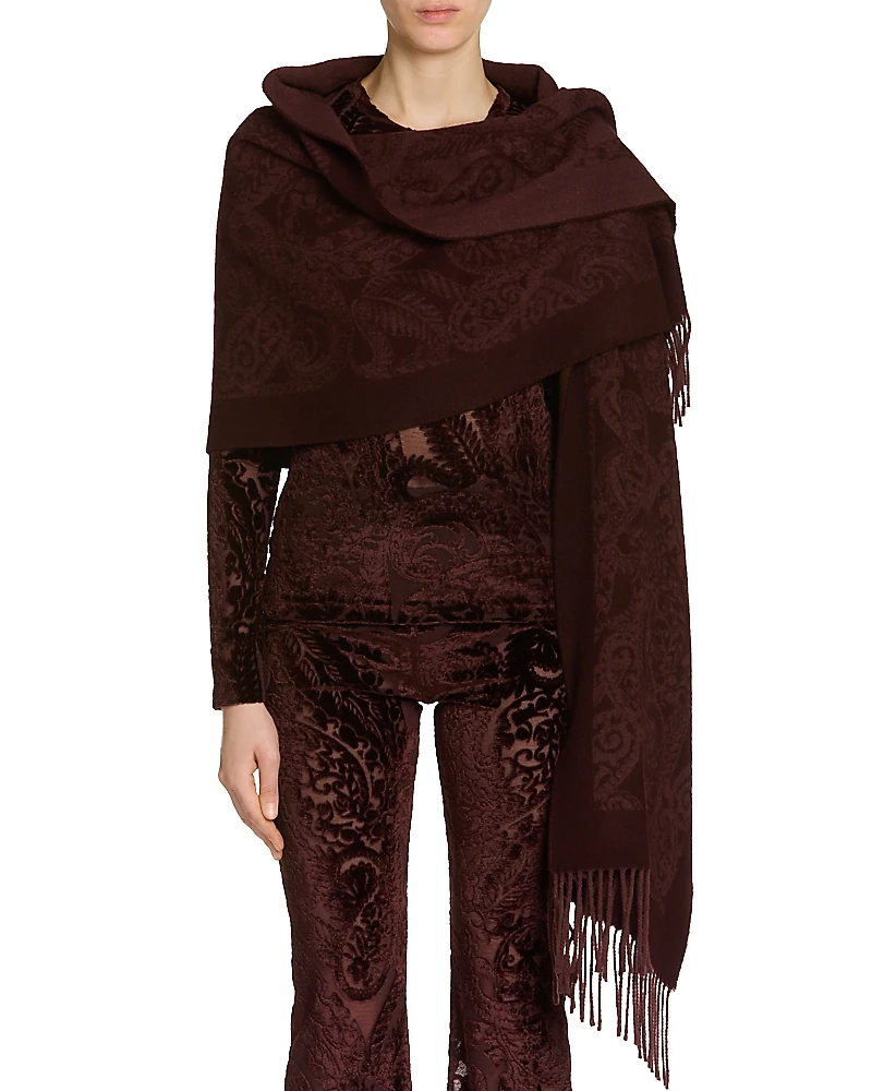 Etro Wool Paisley Fringe Trim Hooded Scarf