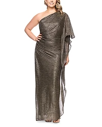 Betsy & Adam Plus One Shoulder Metallic Gown