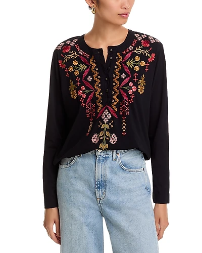 Johnny Was Embroidered Henley Tee