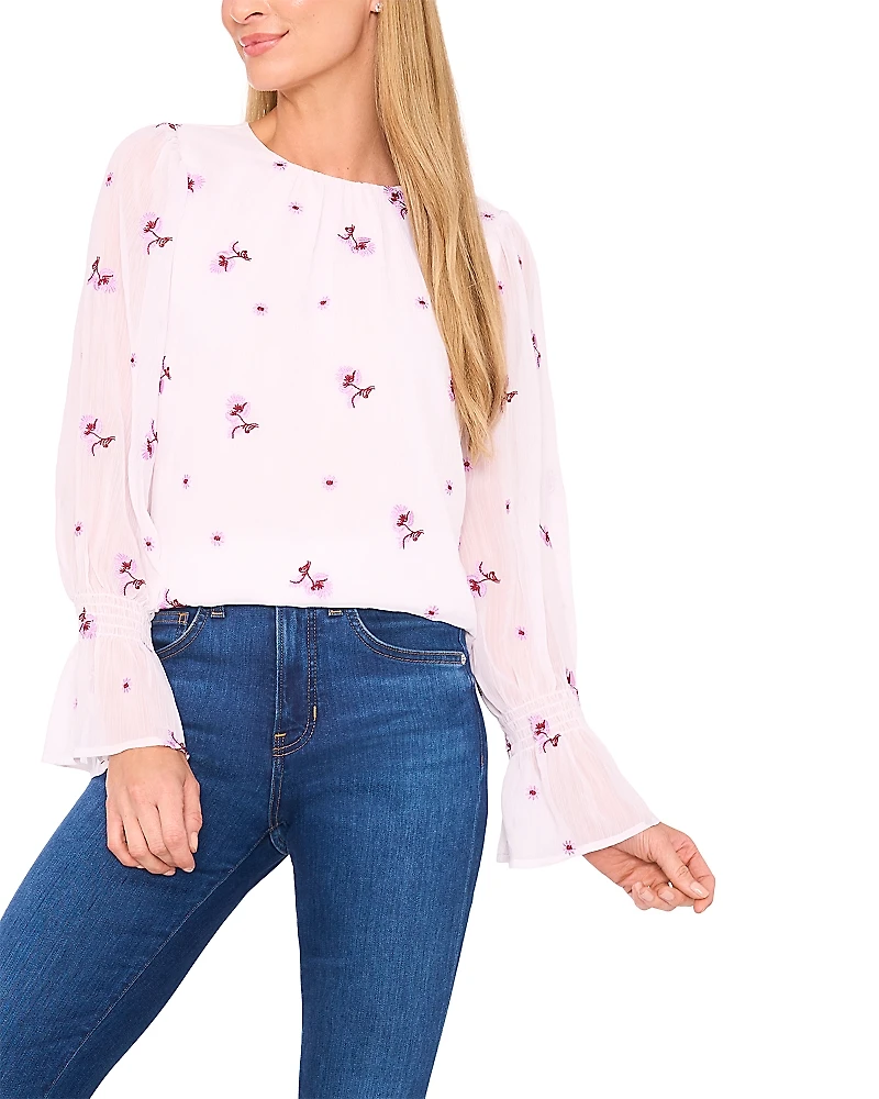 CeCe Embroidered Smocked Cuff Top