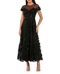 Mac Duggal Embellished Lace Illusion Neck A-Line Midi Dress