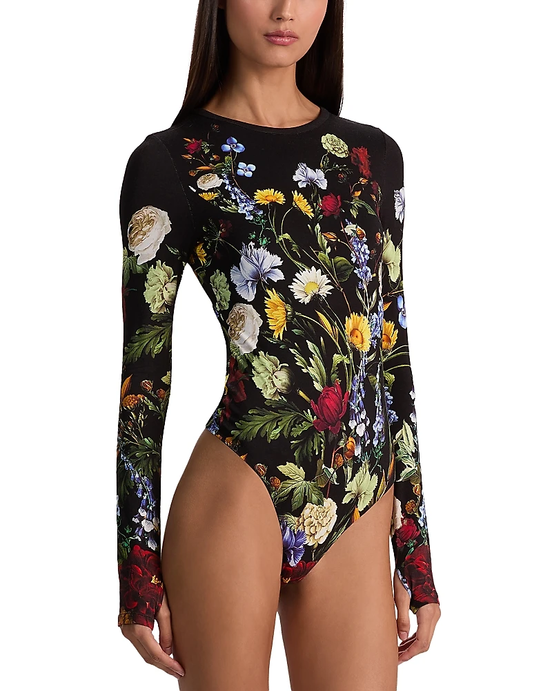 Alice and Olivia Olea Long Sleeve Crewneck Floral Bodysuit