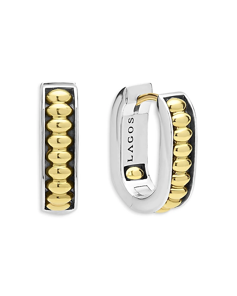 Lagos 18K Yellow Gold & Sterling Silver Signature Caviar Diamond Huggie Hoop Earrings
