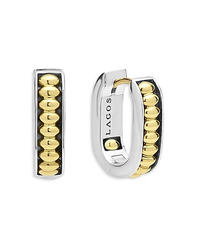 Lagos 18K Yellow Gold & Sterling Silver Signature Caviar Diamond Huggie Hoop Earrings