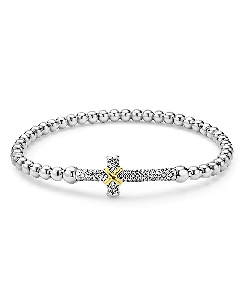 Lagos 18K Yellow Gold & Sterling Silver Signature Caviar East West Cross Beaded Stretch Bracelet
