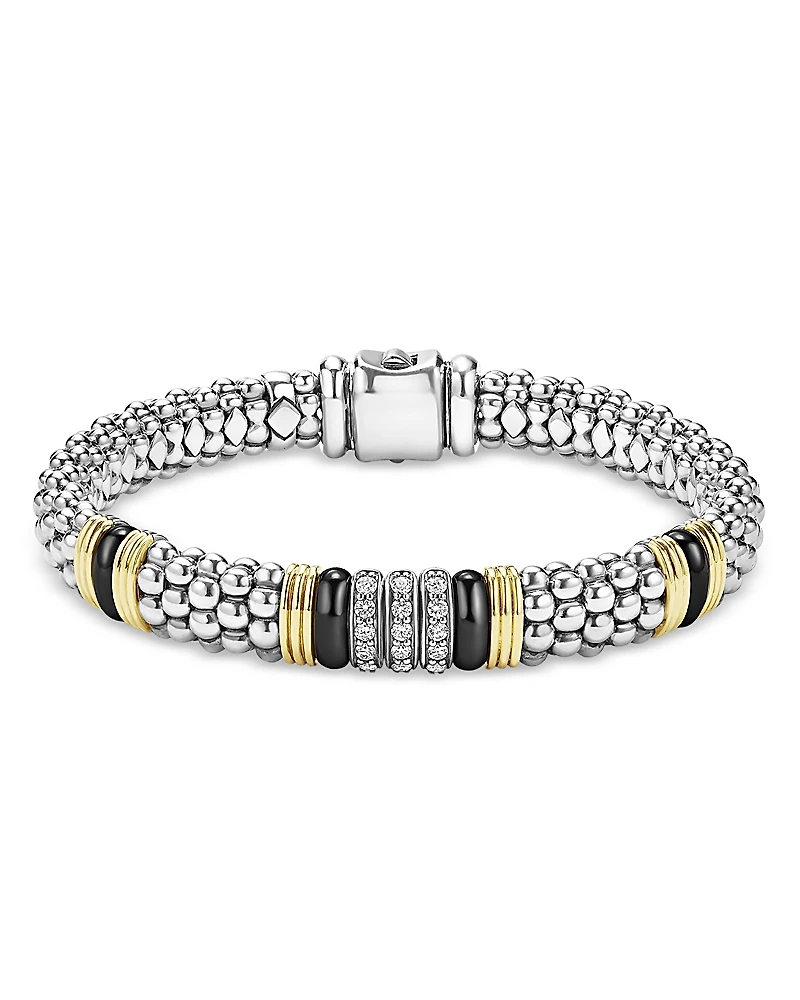 Lagos 18K Yellow Gold & Sterling Silver Black Caviar Diamond & Black Ceramic Station Bracelet