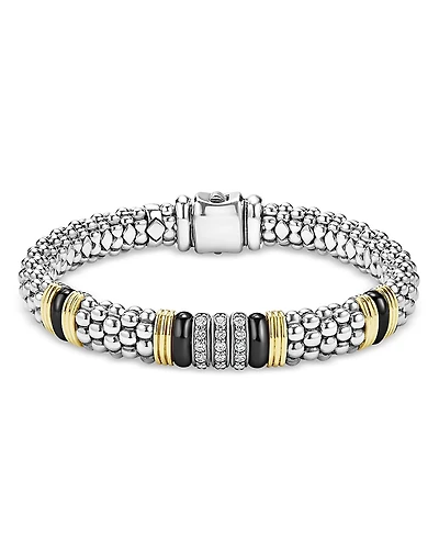 Lagos 18K Yellow Gold & Sterling Silver Black Caviar Diamond & Black Ceramic Station Bracelet