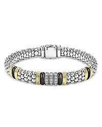 Lagos 18K Yellow Gold & Sterling Silver Black Caviar Diamond & Black Ceramic Station Bracelet