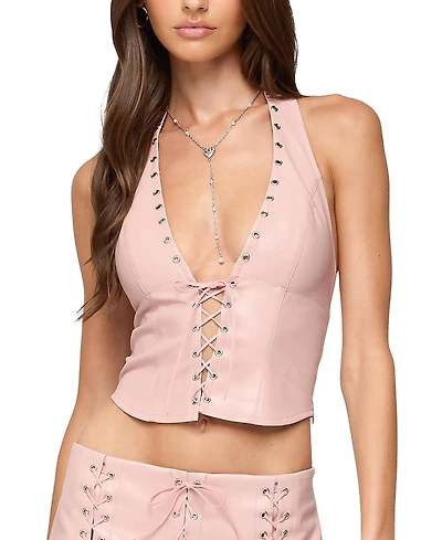 Edikted Elisha Lace Up Faux Leather Halter Top