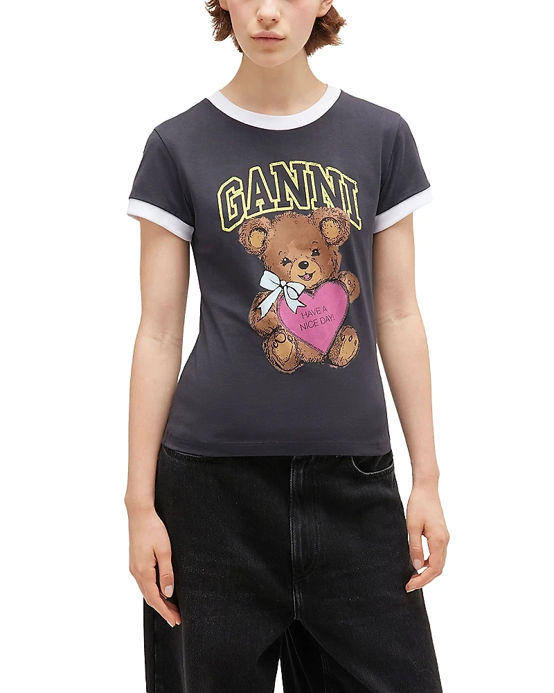 Ganni Cropped Teddy Logo Graphic Tee