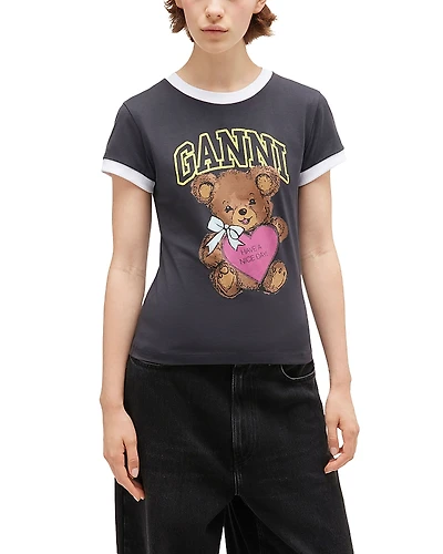 Ganni Cropped Teddy Logo Graphic Tee