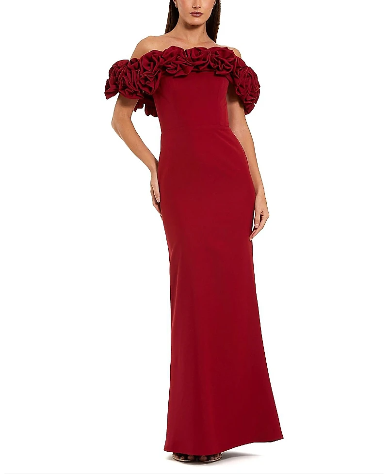 Mac Duggal Crepe Off The Shoulder Column Gown With 3D Roses