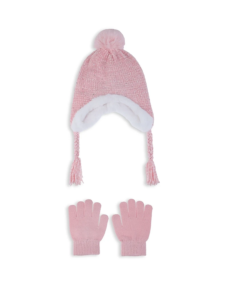 Capelli Girls' Chunky Chenille Knit Earflap Hat With Faux Fur Lining & Gloves Set - Little Kid, Big Kid