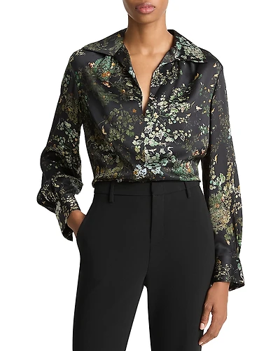 Vince Grape Vine Placed Smocked Silk Blouse