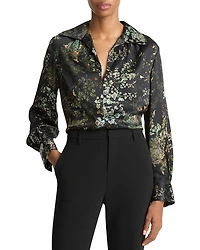 Vince Grape Vine Placed Smocked Silk Blouse