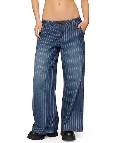 Edikted Petite Cory Striped Low Rise Dark Rinse Wash Jeans