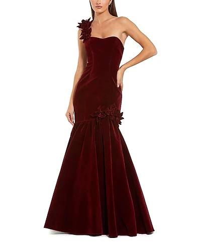 Mac Duggal Velvet One Shoulder Trumpet Gown With Flowers