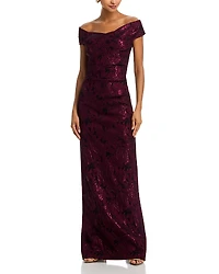 Teri Jon by Rickie Freeman Floral Stretch Jacquard Off-the-Shoulder Ruched Gown